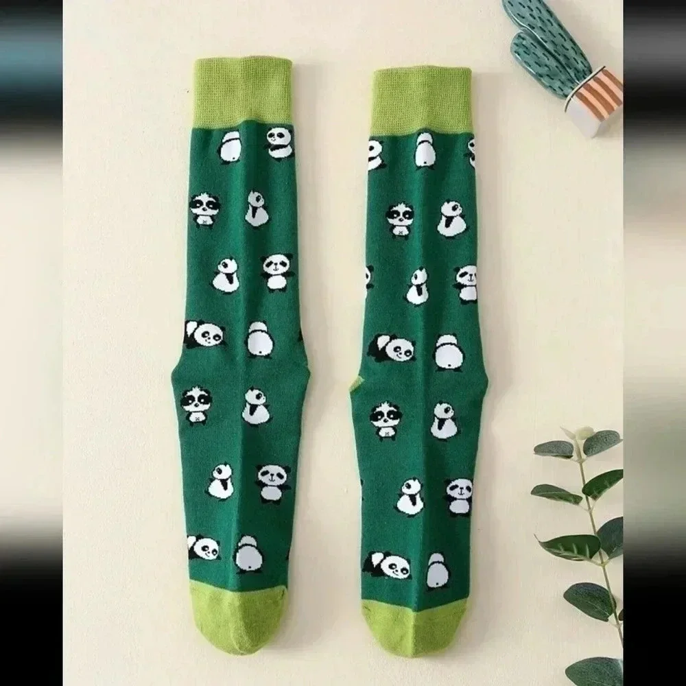 Multicolor green olive panda bear print fun crew socks for men unisex women boot